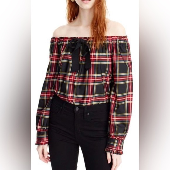J. CREW | Stewart Tartan Plaid Off-Shoulder Adjustable Tie Blouse - Picture 1 of 6